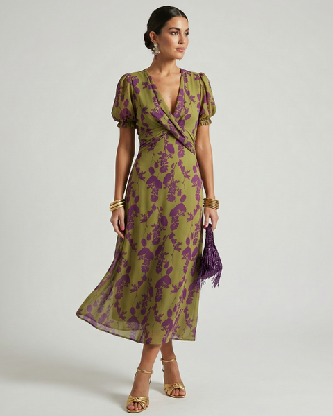Cynara — Floral Wrap-Front Midi Dress with Puff Sleeves