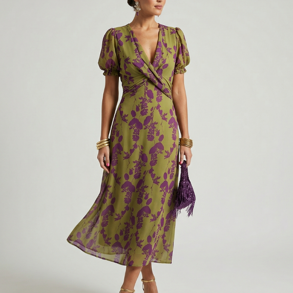 Cynara — Floral Wrap-Front Midi Dress with Puff Sleeves