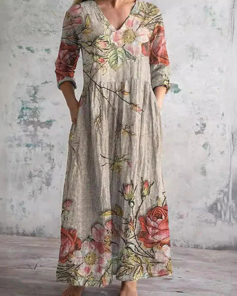 Klara — Vintage Rose Print V-Neck Maxi Dress