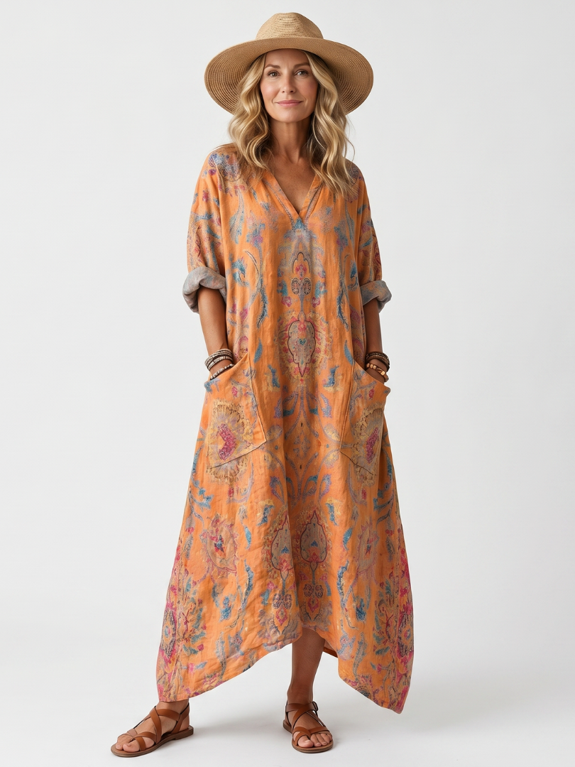 Athalie — Orange Paisley-Print Relaxed Midi Dress with Pockets and Notch Neck