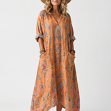 Athalie — Orange Paisley-Print Relaxed Midi Dress with Pockets and Notch Neck