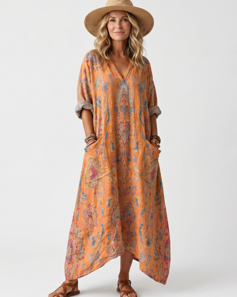 Athalie — Orange Paisley-Print Relaxed Midi Dress with Pockets and Notch Neck