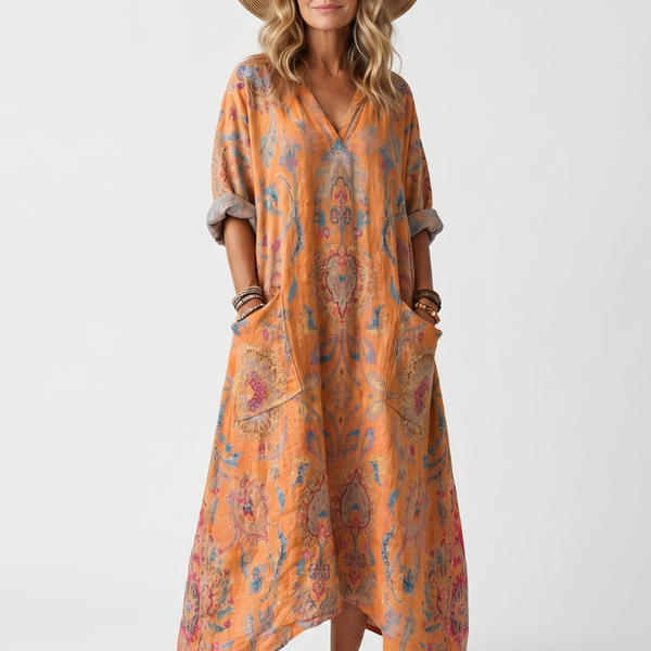Athalie — Orange Paisley-Print Relaxed Midi Dress with Pockets and Notch Neck