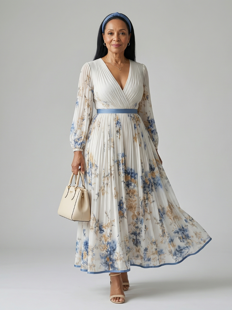 Christabel — Pleated Floral Wrap Dress with Contrast Waist