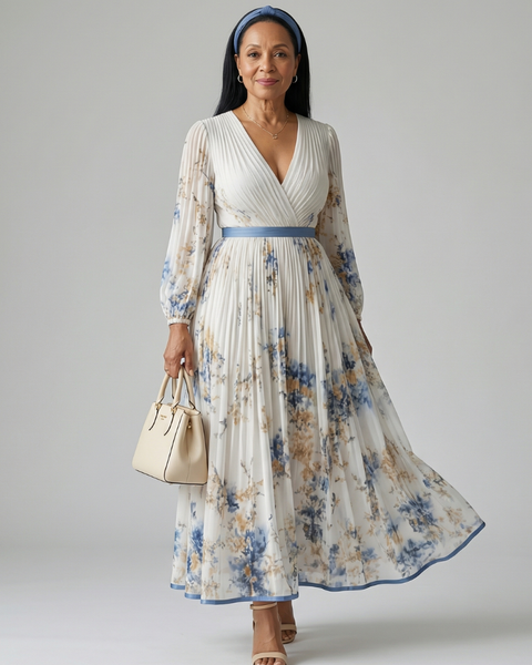 Christabel — Pleated Floral Wrap Dress with Contrast Waist