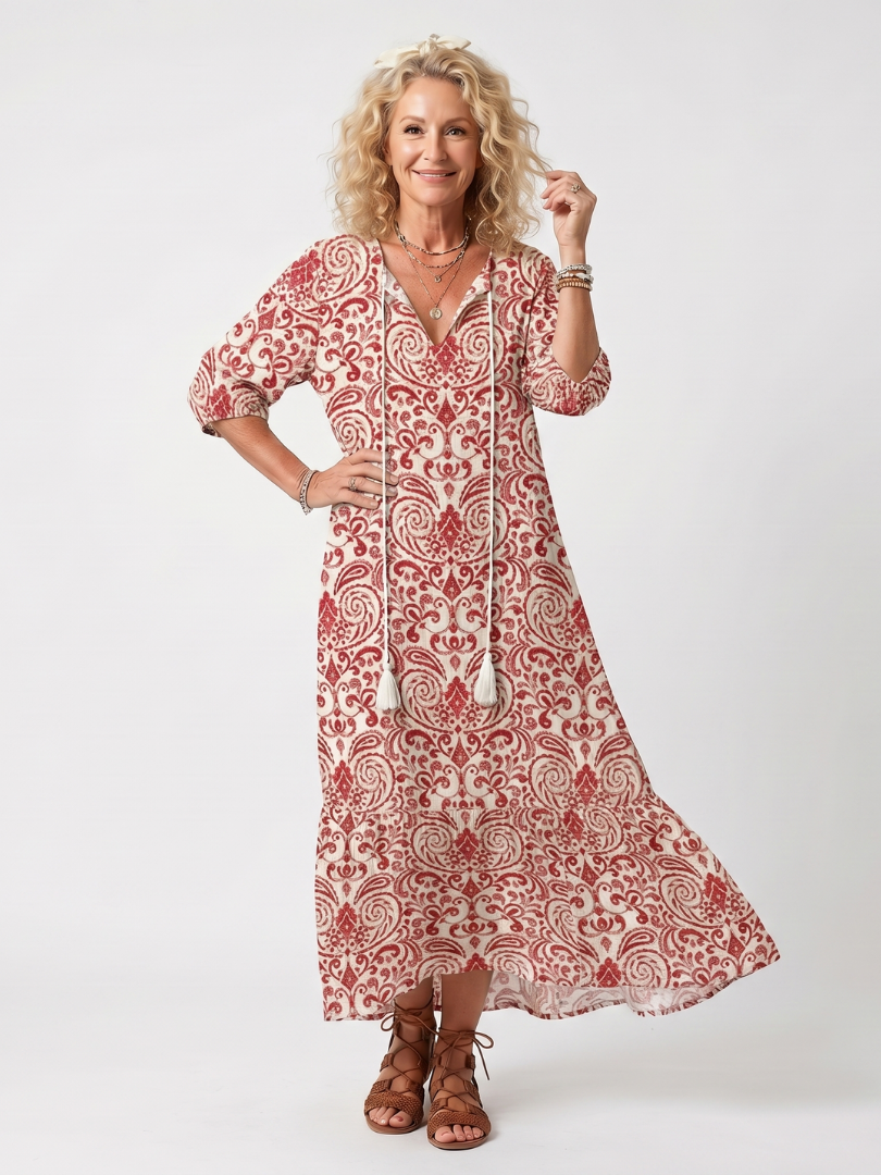 Marzena — Red and Cream Ornate-Print Tassel-Tie Maxi Dress