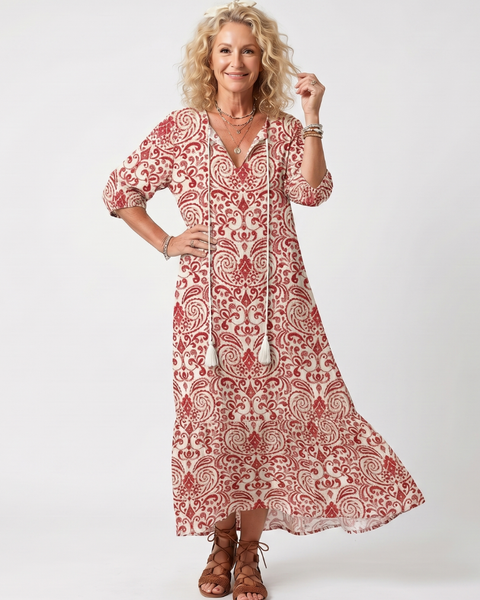Marzena — Red and Cream Ornate-Print Tassel-Tie Maxi Dress