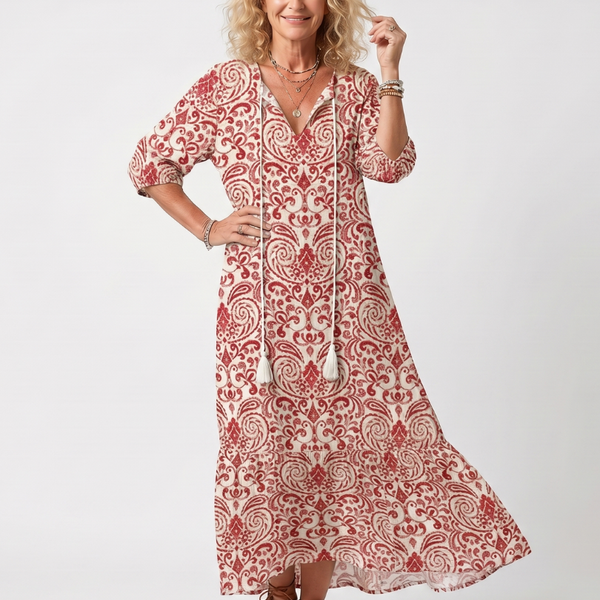 Marzena — Red and Cream Ornate-Print Tassel-Tie Maxi Dress