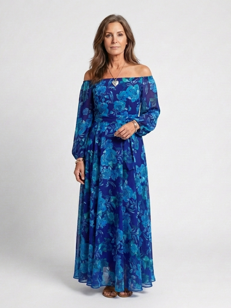 Magnhild — Blue Floral Off-Shoulder Maxi Dress with Long Sleeves
