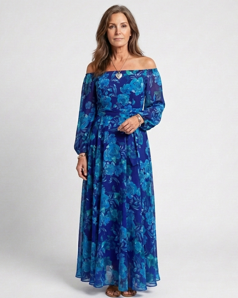 Magnhild — Blue Floral Off-Shoulder Maxi Dress with Long Sleeves
