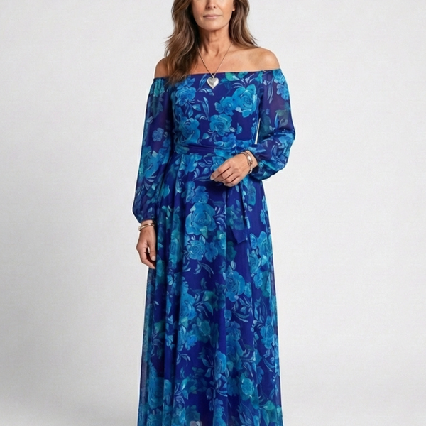 Magnhild — Blue Floral Off-Shoulder Maxi Dress with Long Sleeves