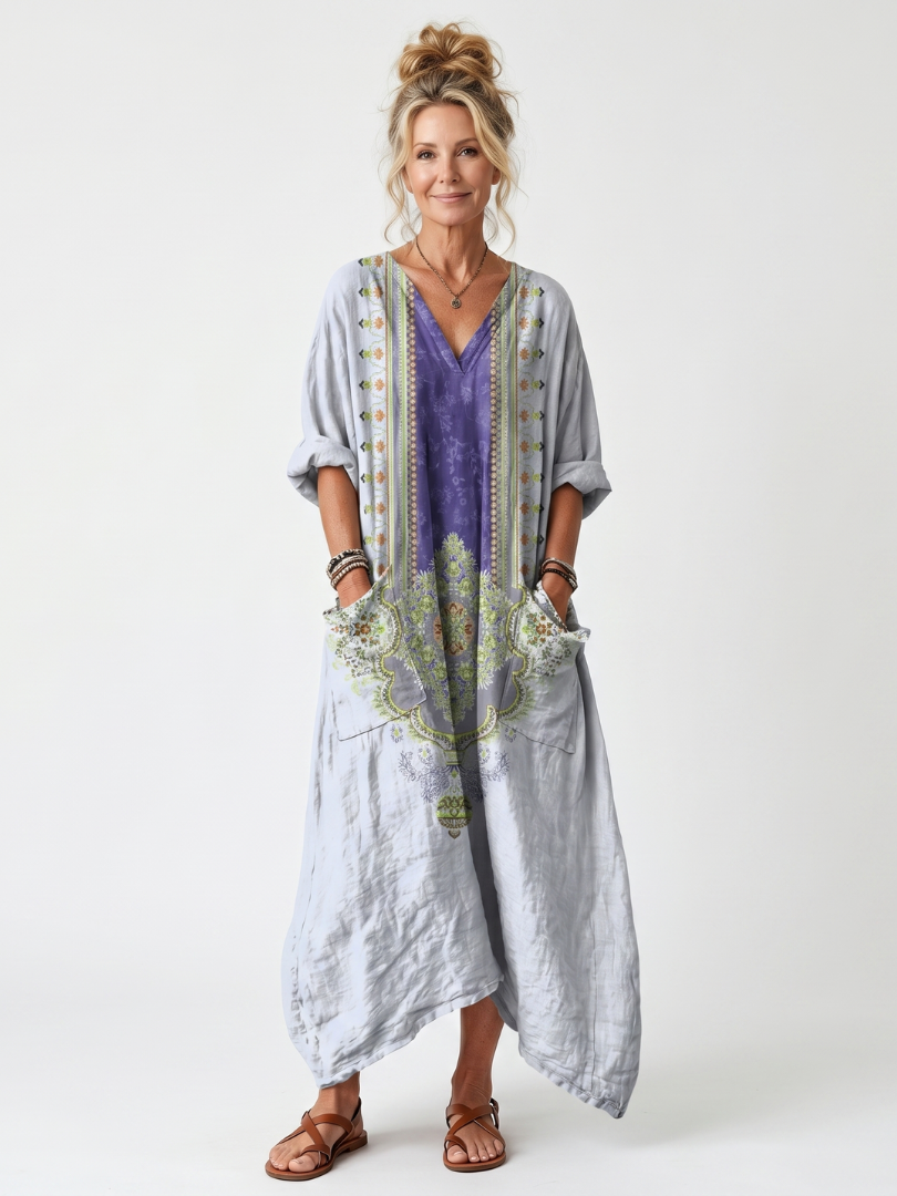 Bodil — Grey Contrast-Panel Relaxed Midi Dress with Embroidered Detail and Pockets