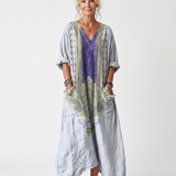 Bodil — Grey Contrast-Panel Relaxed Midi Dress with Embroidered Detail and Pockets
