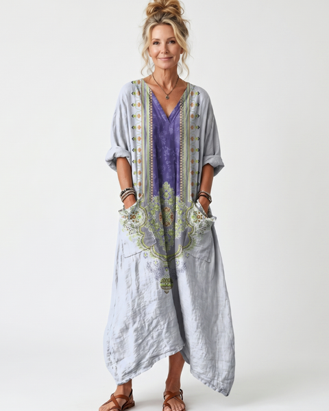 Bodil — Grey Contrast-Panel Relaxed Midi Dress with Embroidered Detail and Pockets