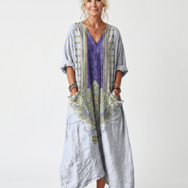 Bodil — Grey Contrast-Panel Relaxed Midi Dress with Embroidered Detail and Pockets