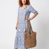 Philippine — Blue and White Ikat-Print Tassel-Tie Maxi Dress with Short Sleeves