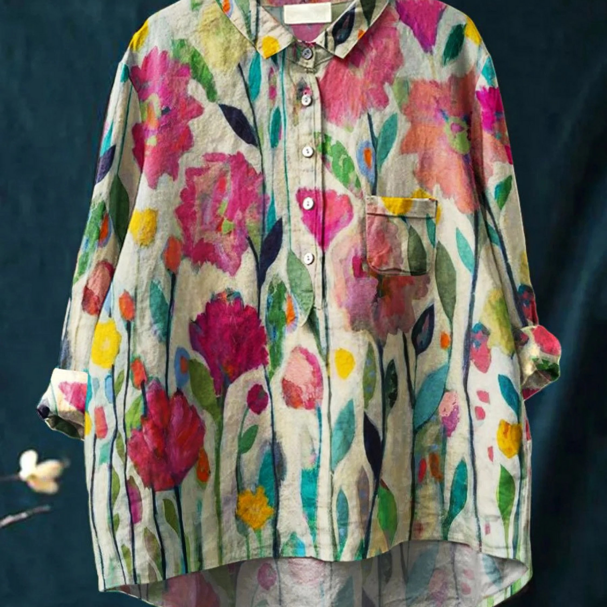Beatrijs — Pink Tulip Meadow Print Button-Up Blouse