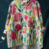Beatrijs — Pink Tulip Meadow Print Button-Up Blouse