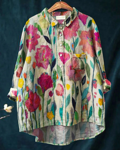 Beatrijs — Pink Tulip Meadow Print Button-Up Blouse