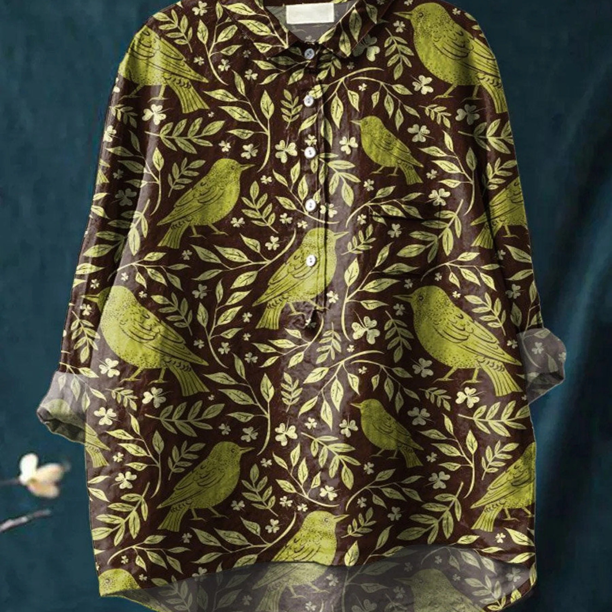 Jadwiga — Brown and Lime Bird Leaf Print Button-Up Blouse