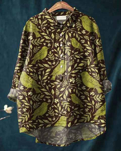 Jadwiga — Brown and Lime Bird Leaf Print Button-Up Blouse