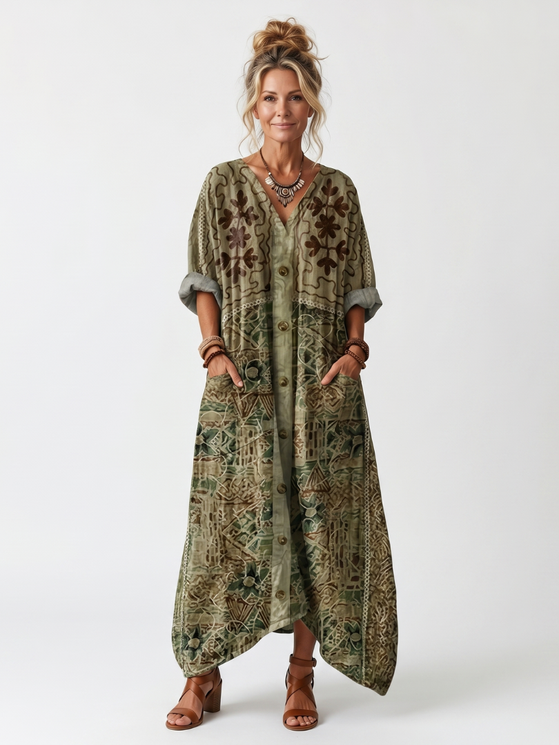 Cadella — Olive Embroidered Button-Front Relaxed Midi Dress with Pockets