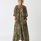 Cadella — Olive Embroidered Button-Front Relaxed Midi Dress with Pockets