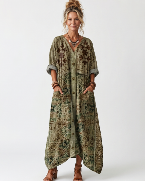 Cadella — Olive Embroidered Button-Front Relaxed Midi Dress with Pockets