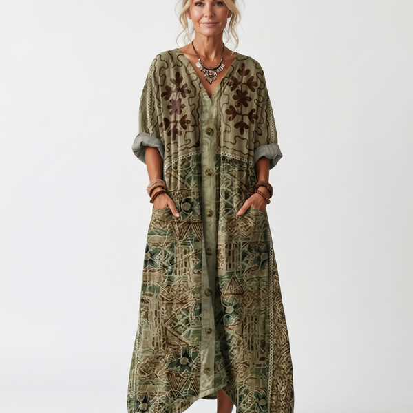 Cadella — Olive Embroidered Button-Front Relaxed Midi Dress with Pockets