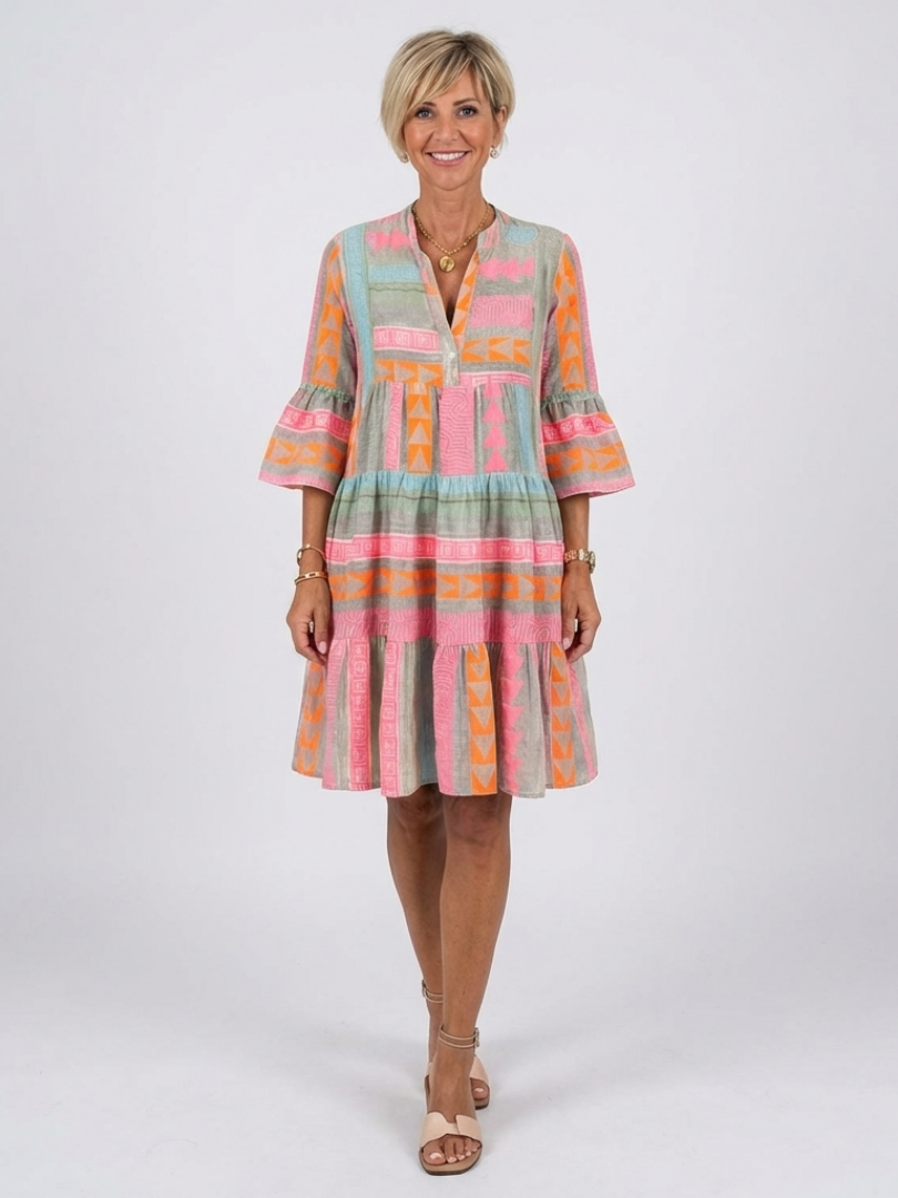 Fainche — Colour-Block Print Tiered Knee-Length Dress with V-Neck and Bell Sleeves