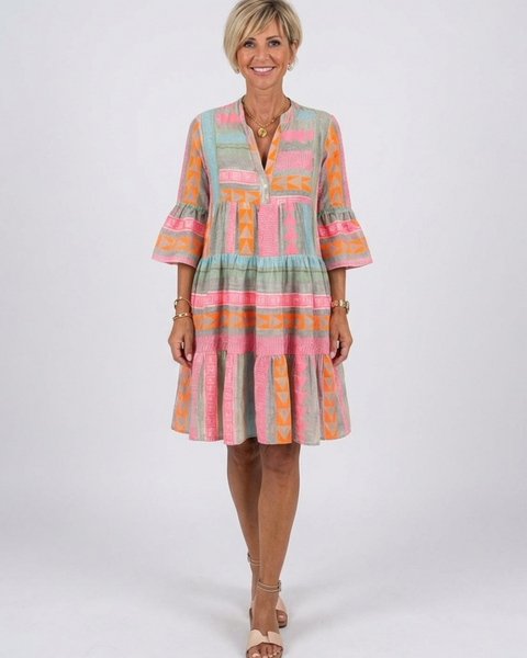 Fainche — Colour-Block Print Tiered Knee-Length Dress with V-Neck and Bell Sleeves