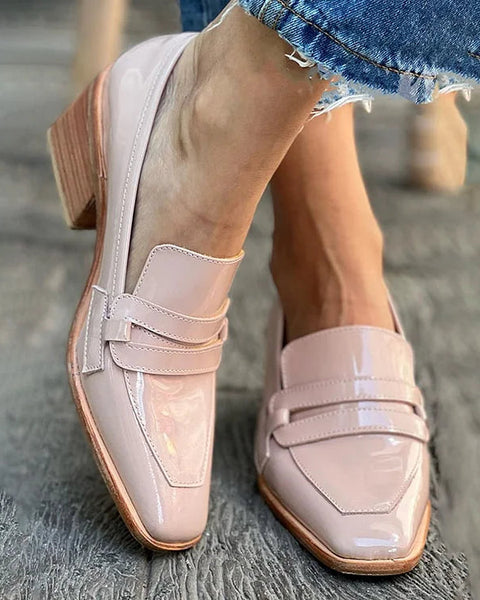 Concetta — Glossy Blush Penny Loafers with Block Heel