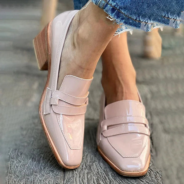 Concetta — Glossy Blush Penny Loafers with Block Heel