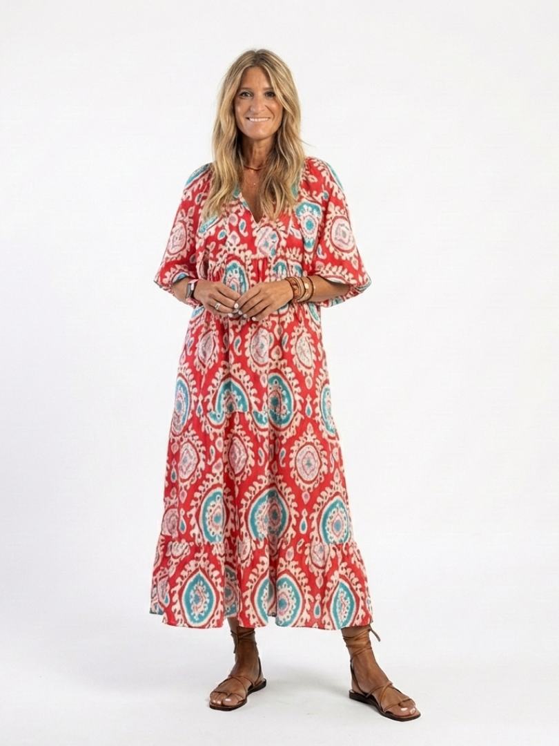 Isolina — Red Medallion-Print Tiered Maxi Dress with Short Sleeves