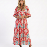 Isolina — Red Medallion-Print Tiered Maxi Dress with Short Sleeves