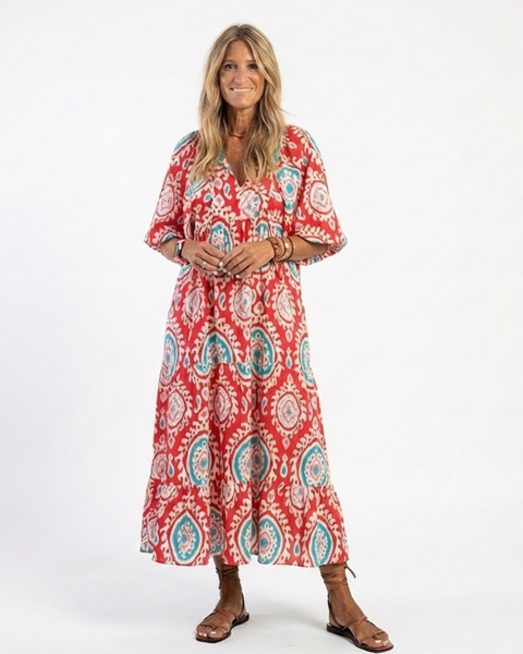 Isolina — Red Medallion-Print Tiered Maxi Dress with Short Sleeves