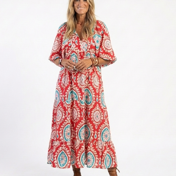 Isolina — Red Medallion-Print Tiered Maxi Dress with Short Sleeves