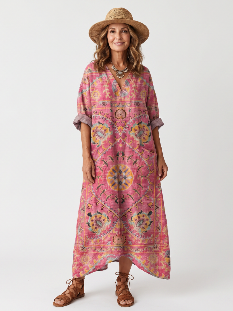 Kjersti — Pink Medallion-Print Relaxed Midi Dress with Pockets