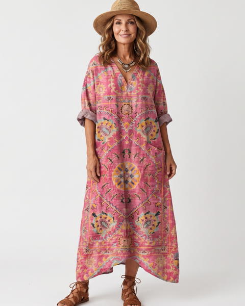 Kjersti — Pink Medallion-Print Relaxed Midi Dress with Pockets