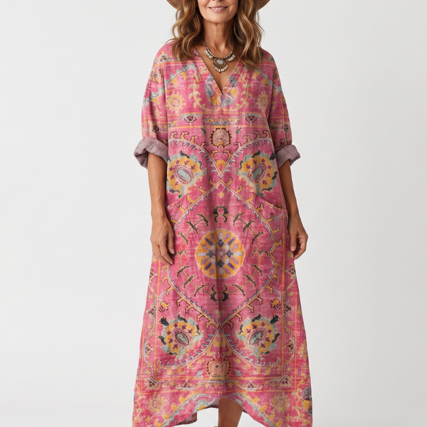 Kjersti — Pink Medallion-Print Relaxed Midi Dress with Pockets