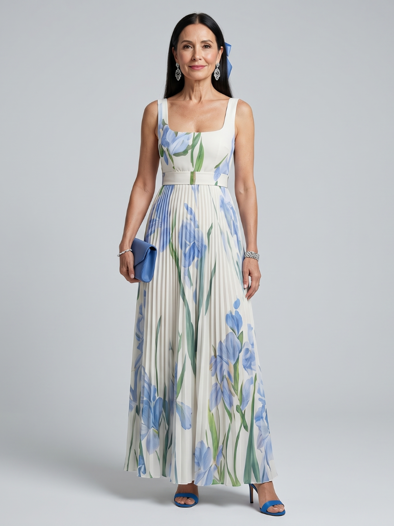 Novella — Blue Iris Print Square-Neck Midi Dress with Pleated Skirt