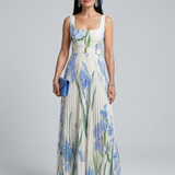 Novella — Blue Iris Print Square-Neck Midi Dress with Pleated Skirt