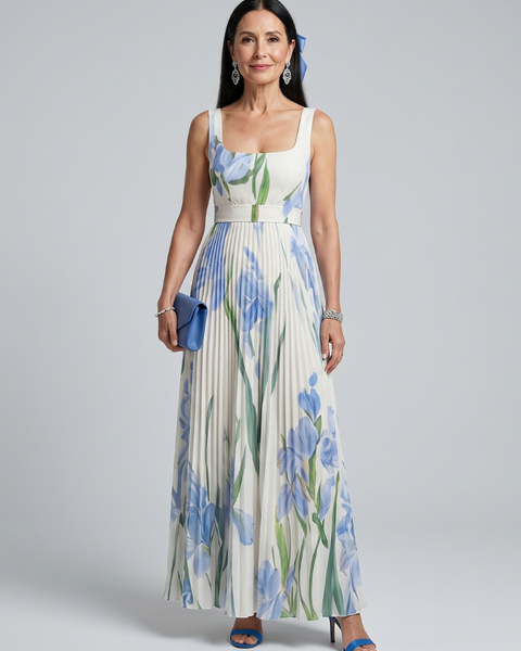 Novella — Blue Iris Print Square-Neck Midi Dress with Pleated Skirt