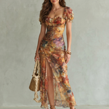 Ginevra — Ochre Floral Midi Dress with Ruched Bodice, Ruffle Sleeves and Front Slit