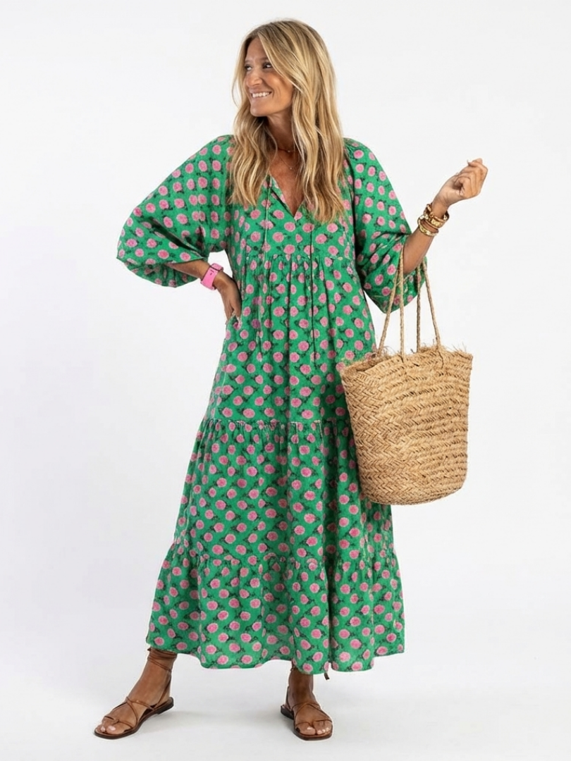 Gerlinde — Green Block-Print Tiered Maxi Dress with Puff Sleeves