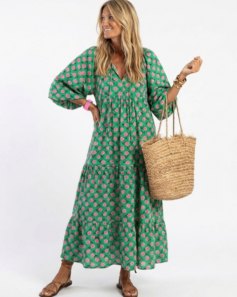Gerlinde — Green Block-Print Tiered Maxi Dress with Puff Sleeves