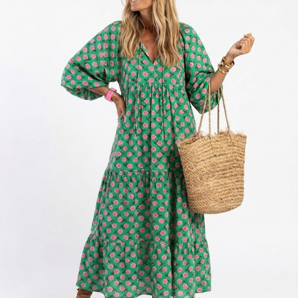 Gerlinde — Green Block-Print Tiered Maxi Dress with Puff Sleeves