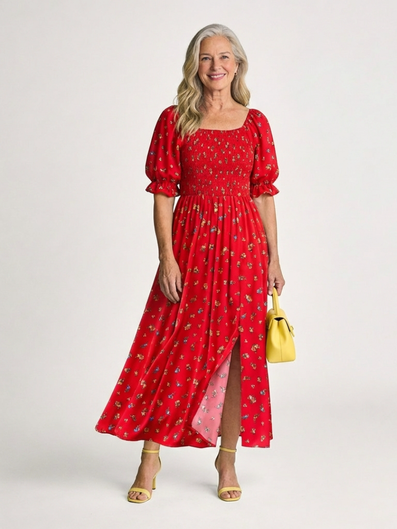 Jorid — Red Square-Neck Maxi Dress with Puff Sleeves and Front Slit