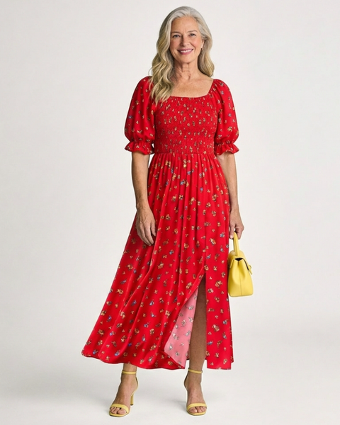 Jorid — Red Square-Neck Maxi Dress with Puff Sleeves and Front Slit