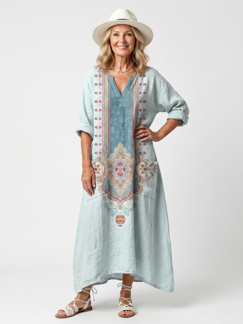 Fredrika — Pale Blue Ornate-Panel Relaxed Midi Dress with Pockets